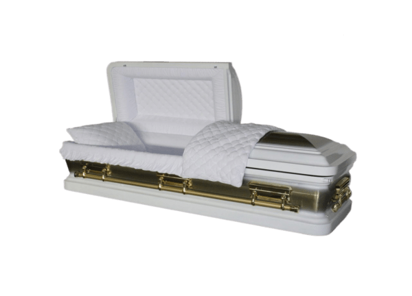 Open white casket with plush interior and gold accents. The scene conveys a solemn and dignified tone.