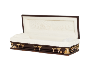A luxurious open casket with a glossy dark wood finish and plush white fabric interior. It features ornate gold handles and accents, conveying elegance.