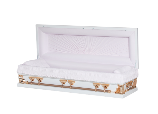An open white casket with a plush, pleated interior and gold handles, conveying a sense of solemn elegance.