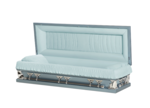 A light blue cushioned casket with silver handles, open lid, and pleated interior. The mood is somber and elegant.