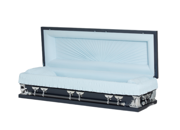 An open, elegant black casket with a pastel blue satin interior is on display. The mood is solemn and serene.