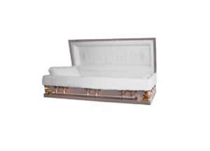 Open white casket with plush interior and pink floral accents. The gold handles add a touch of elegance.