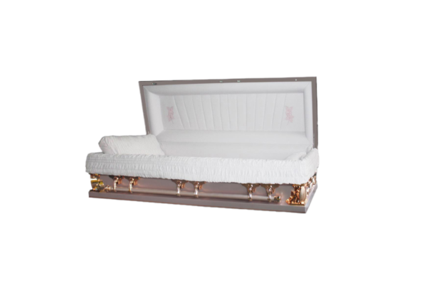 Open white casket with plush interior and pink floral accents. The gold handles add a touch of elegance.