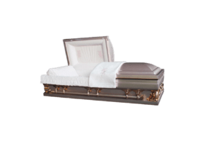 Open rose casket with a white interior and draped fabric. The image conveys a solemn and respectful tone.