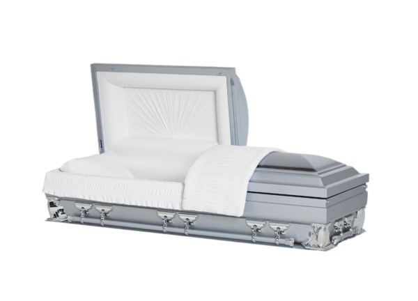 A silver casket with an open lid, revealing a white, cushioned interior. The scene evokes a somber and respectful tone.