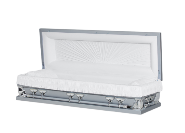 A silver casket with an open lid is lined with white quilted fabric, featuring elegant detailing.