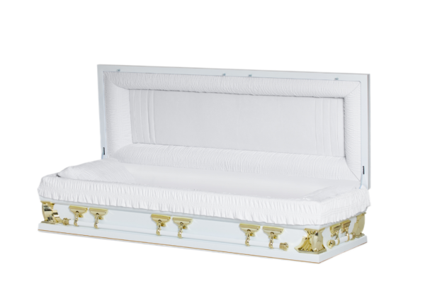 Open white casket on a black background, adorned with gold hinges and handles. The interior is plush and lined with soft white fabric, conveying a solemn tone.