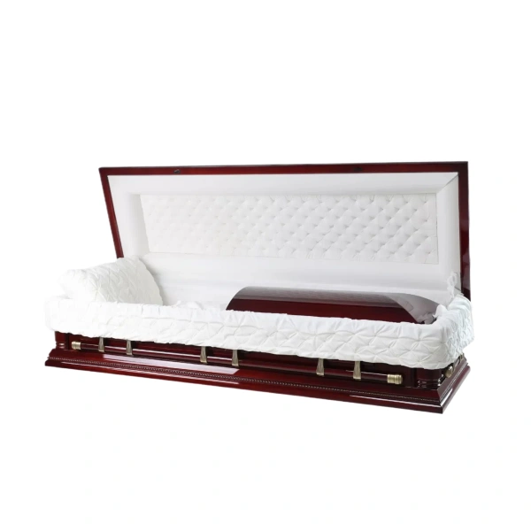 A polished wooden casket with an open lid reveals a plush white quilted interior, conveying elegance and solemnity. The tone is respectful.