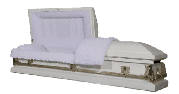 Elegant white casket with a plush interior and decorative gold accents, positioned at an angle for display.