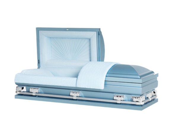 A sky-blue casket with a plush, patterned interior and a partially open lid. It features elegant silver handles.
