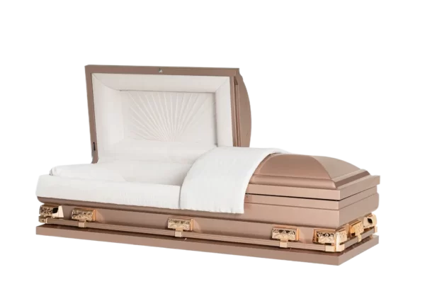 Elegant open copper-colored casket with white cloth interior.