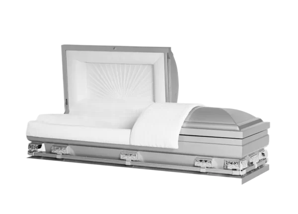 A silver casket with an open lid, featuring white lining and a folded blanket.