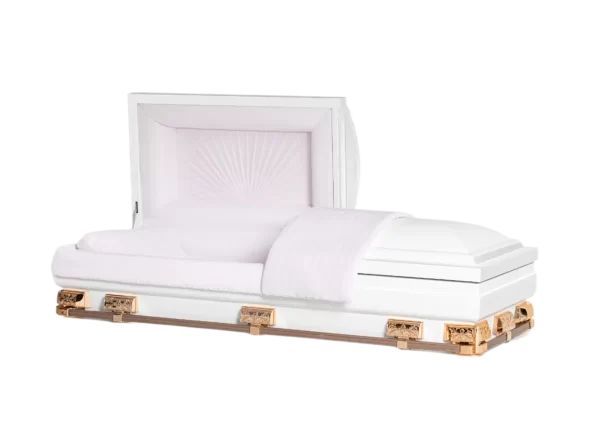 Elegant white casket with pink cloth interior.