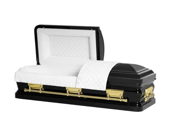 An open black coffin with gold handles, lined with white quilted fabric, showcasing an elegant and somber design.