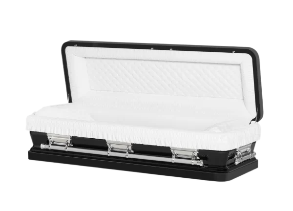 An open black casket with a white interior lining.