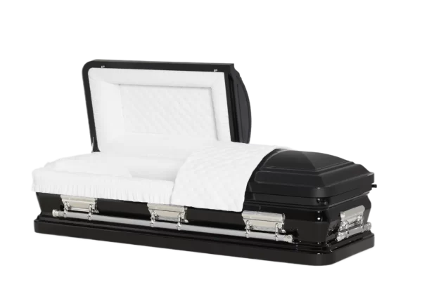 A black casket with an opened lid and white interior lining.