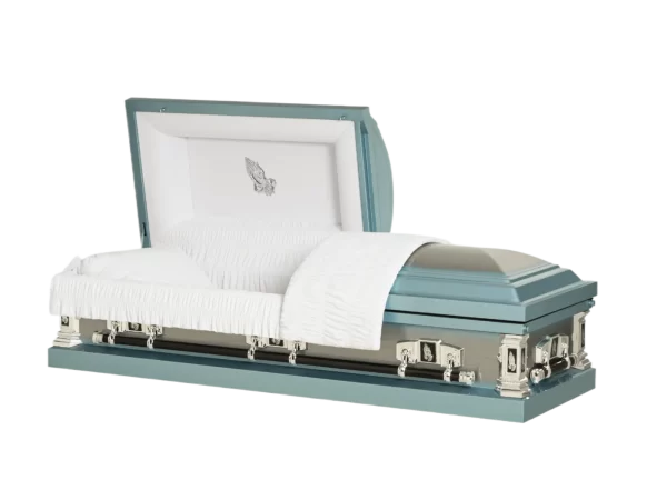 A light blue casket with a silver interior and a white decorative blanket, slightly open.