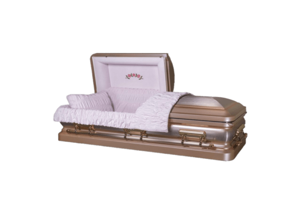 A half-open beige casket with a white, cushioned interior and embroidered roses. The atmosphere is solemn and respectful.