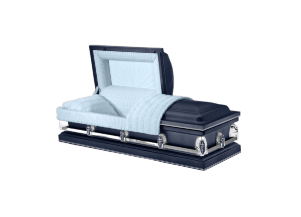A sleek, open navy-blue coffin with light blue quilted interior and shiny silver handles, conveying a somber tone.