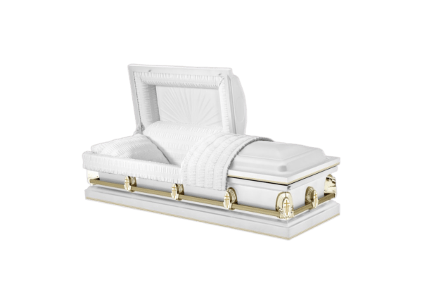 A luxurious white casket with gold handles. The top is partially open, revealing a white quilted interior. Elegant and solemn tone.