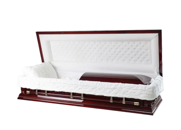 A Lexington wooden coffin with a white interior and a quilted design, partially open.