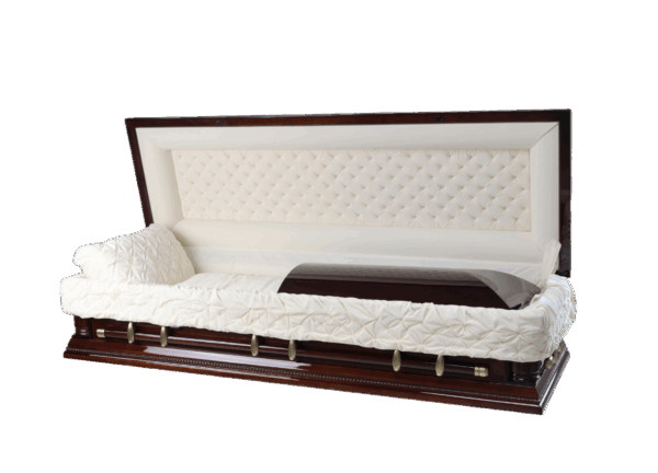 A polished wooden casket with an open lid, lined with intricate white quilted fabric. The image conveys a somber, respectful tone.
