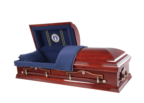 Solid wooden Air Force casket with a polished mahogany finish, designed for funerals and memorial services.