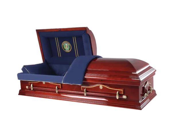 Solid wooden casket Army with a polished mahogany finish, designed for funerals and memorial services.