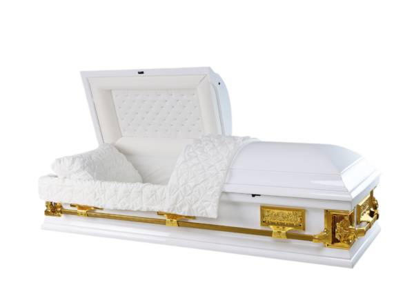 A white casket with a partially open lid. It features tufted interior padding and ornate gold accents, conveying elegance.