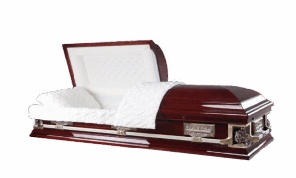 A polished, dark wood casket with silver handles and white quilted interior is open, conveying a solemn and respectful tone.