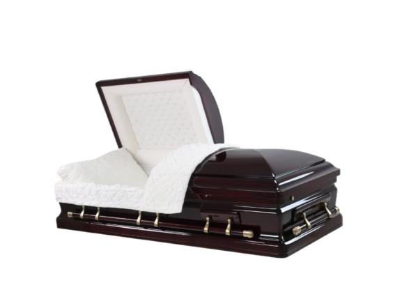 A glossy dark brown coffin is displayed open. The interior features elegant white quilted lining, exuding a solemn tone.