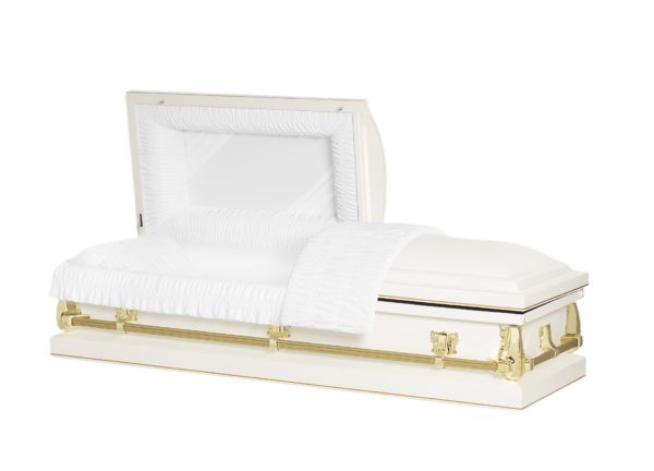 Open white coffin with gold accents. The interior is lined with plush white fabric, evoking a serene and solemn feel.