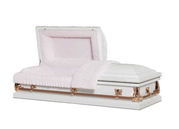 White casket with a soft pink interior, partially open. Rose gold accents add elegance, conveying a solemn, respectful tone.