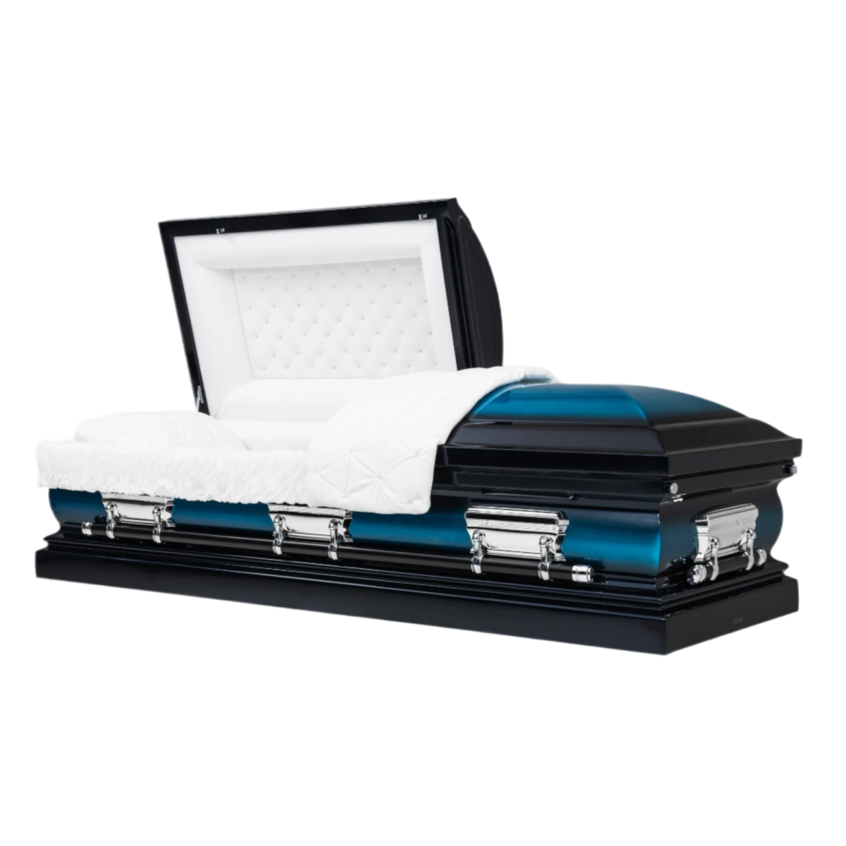 Blue and silver casket with an open lid, displaying a tufted white interior and satin lining. The mood is solemn and dignified.