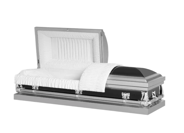 A sleek, silver and black casket partially open with white, pleated interior lining, symbolizing elegance and solemnity.