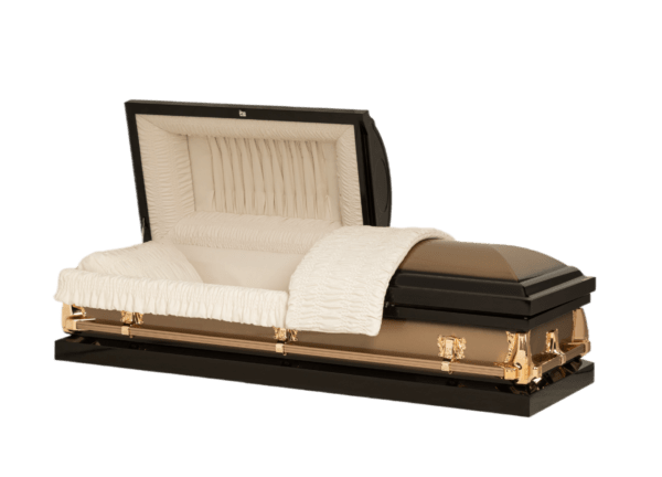 Luxurious brown and black coffin with a gold trim, open to reveal padded white interior, conveying a solemn tone.