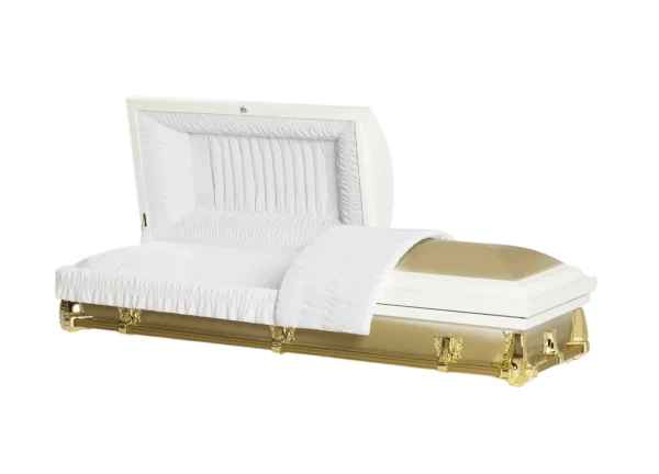 Elegant white casket with gold accents, featuring a plush interior and a softly draped blanket, presented at an angle.