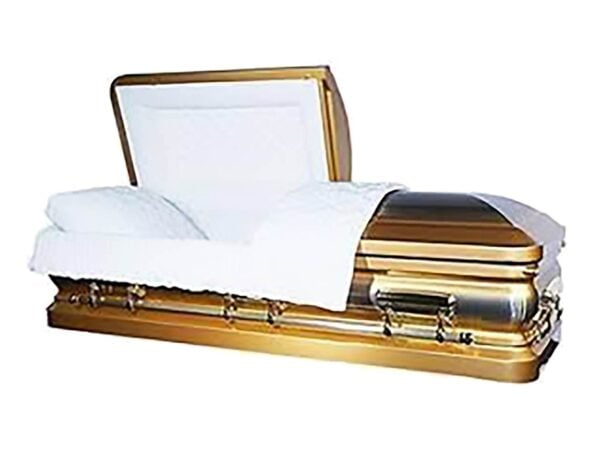 A polished gold casket with a half-open lid, showcasing a plush white interior and pillow, conveying a somber and respectful tone.