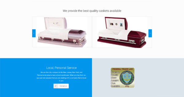 Website section showing two open metal caskets above service info and an FTC Funeral Rule compliance badge.