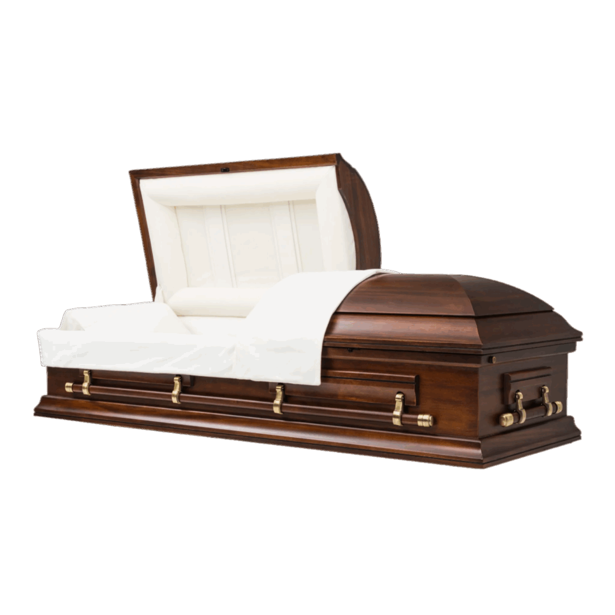 Winston casket in rich cherry wood with ivory interior and fluted corners, offering a refined traditional design.
