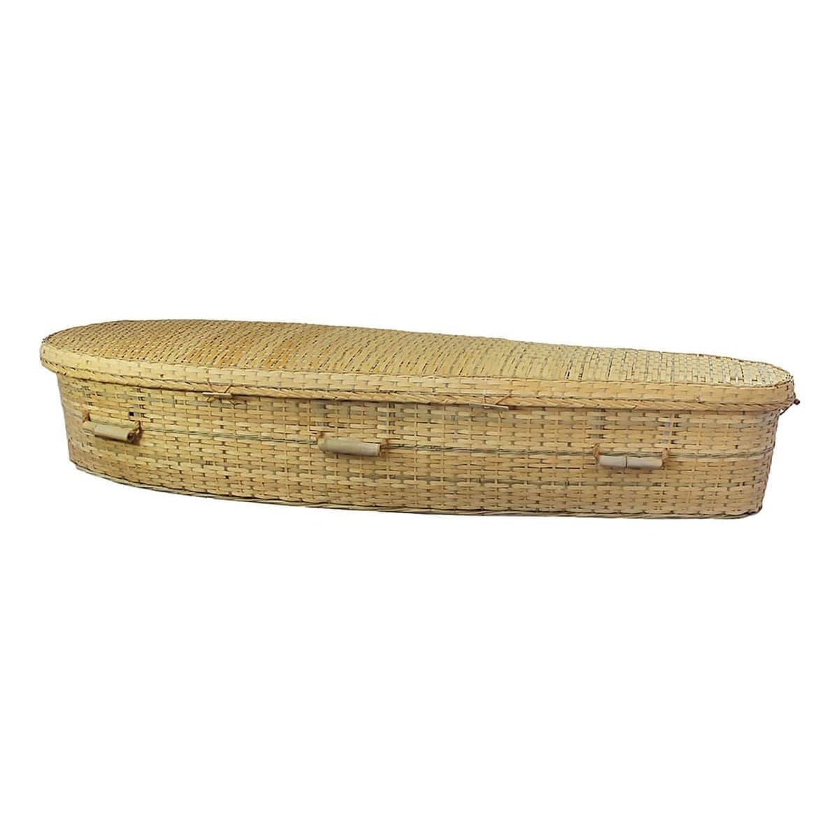 Light bamboo casket designed for eco-friendly burial or cremation, featuring a simple and natural look.