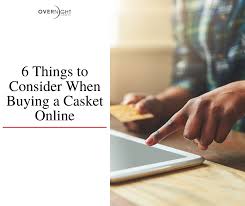 Person using a tablet and holding a credit card, beside text: "6 Things to Consider When Buying a Casket Online." The mood is informational.