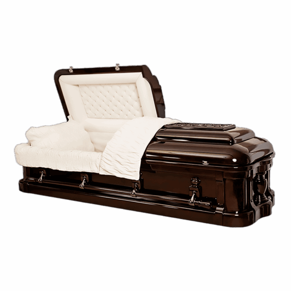 Open, dark brown casket with shiny finish and white, quilted interior. A matching white fabric lies partially draped over its side.
