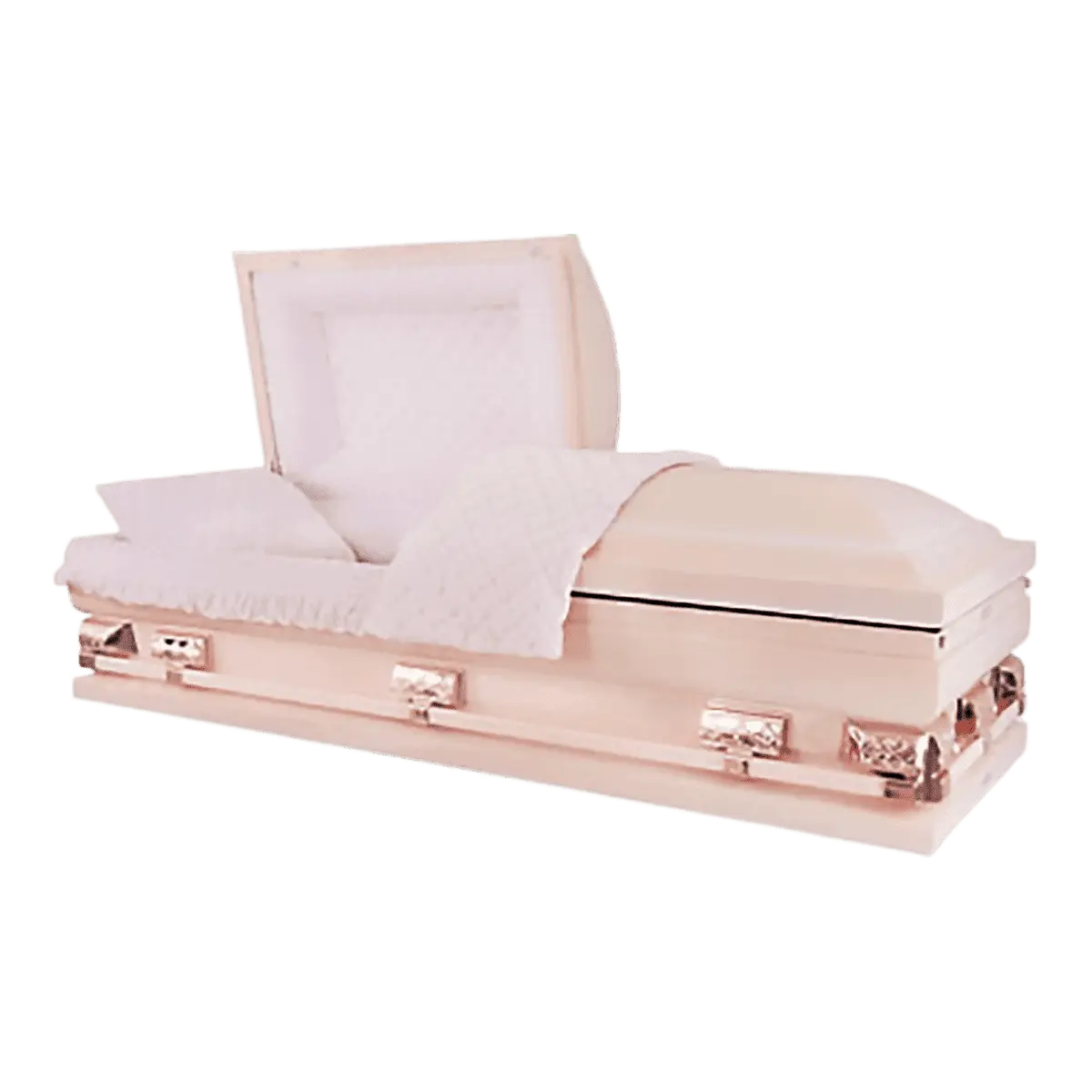A sleek, light pink coffin with a quilted white interior. The open lid and plush lining offer a soft, somber tone.