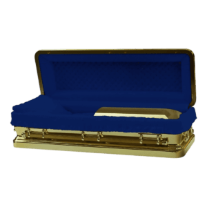 Open blue casket with gold accents. The interior is plush, adding a sense of luxury and solemnity.