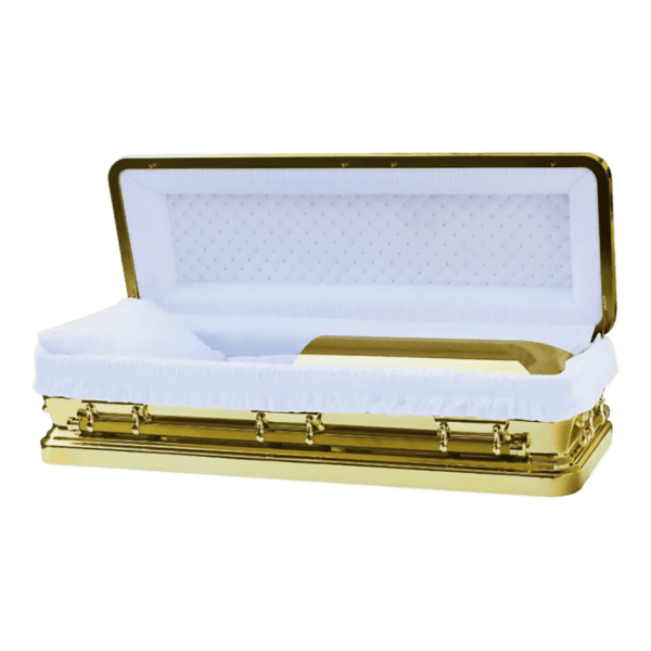 Gold casket with an open lid, lined with plush white fabric. Conveys luxury and solemnity.