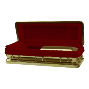 A luxurious gold coffin with a tufted red interior, open to reveal an elegant design. The image exudes a somber yet opulent tone.