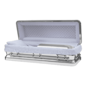 Open silver casket with plush white interior, tufted fabric, and delicate lining. The image conveys a solemn, respectful atmosphere.
