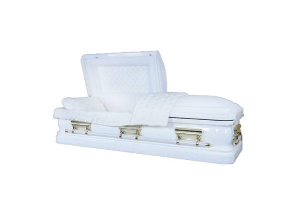 White casket with gold handles, open lid, and quilted interior, conveying a solemn and respectful tone.