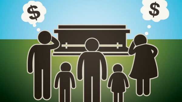 Silhouetted family stands solemnly before a coffin on grass. Thought bubbles with dollar signs convey financial worry. Sky is blue, mood is somber.